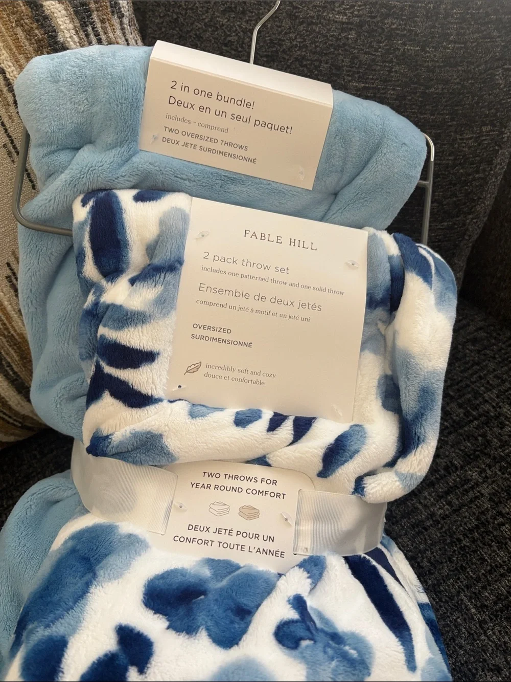 Blue Floral & Solid Plush 2-Pack Throw Set